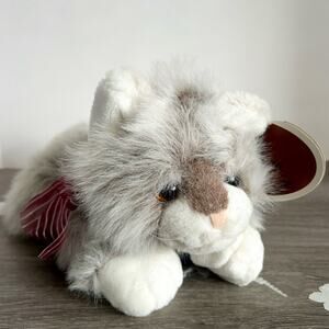 Vintage 2000 LENOVIA Laying Barn Cat Gray Fluffy Kitty Stuffed Animal Plush NWT